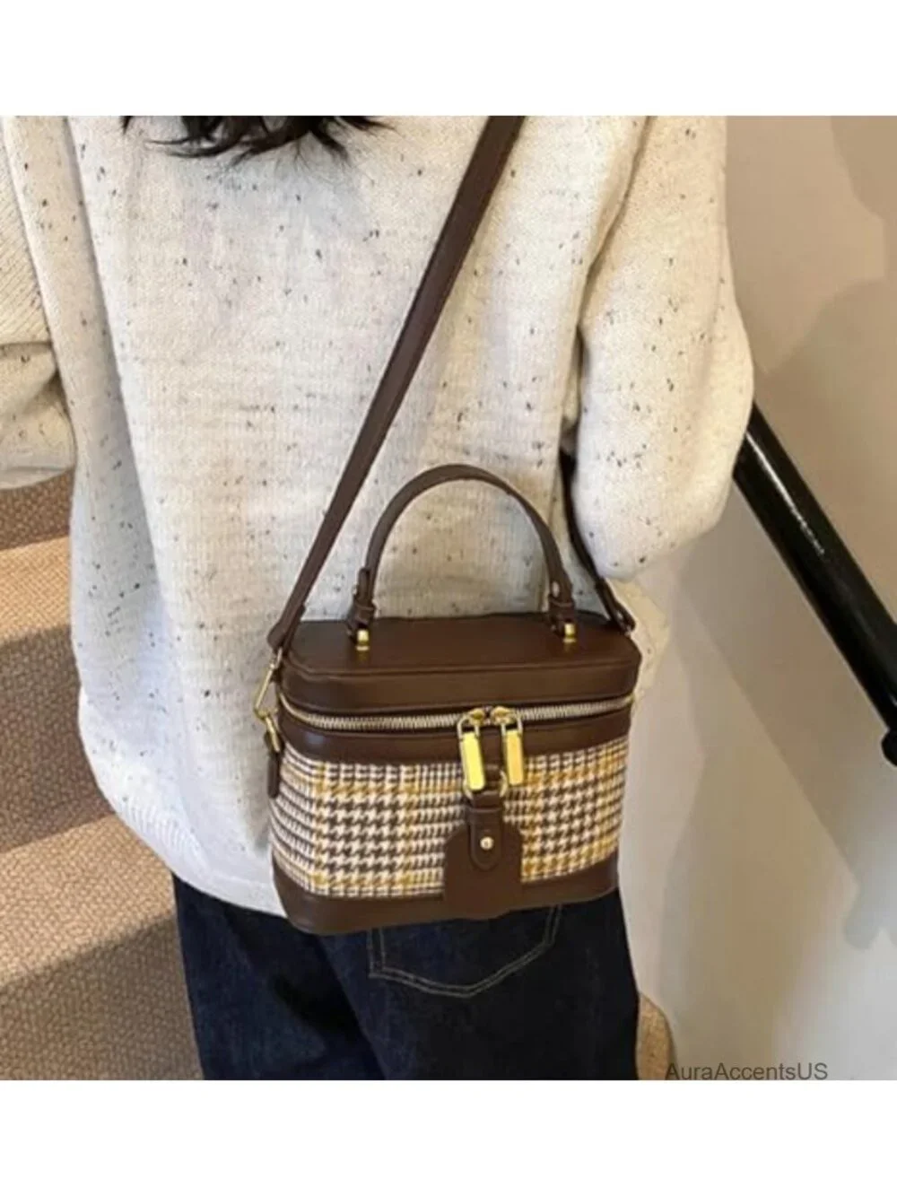 Vintage Plaid Suede Crossbody Bag Small Retro Checkered Shoulder Tote with Top